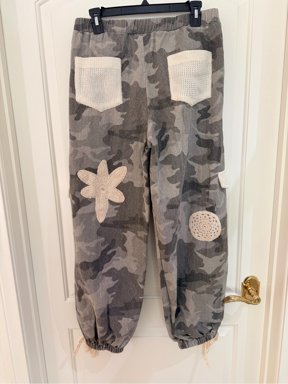 POL Gray Camo Joggers with Cream Crochet Patches